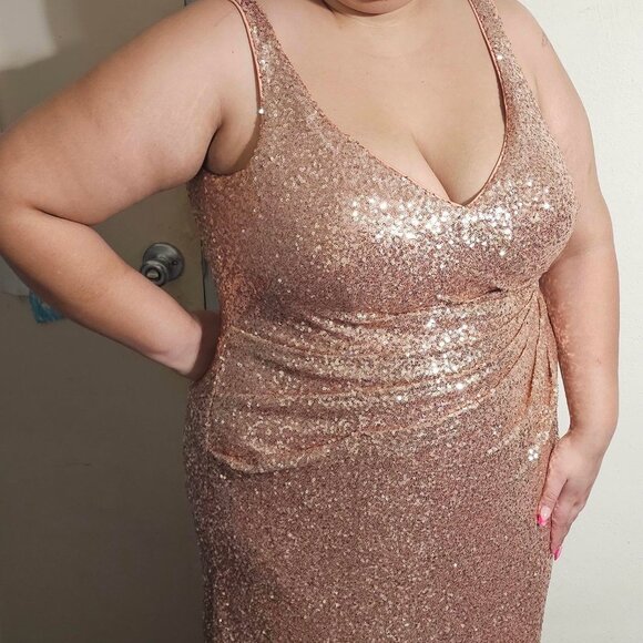alfred angelo rose gold sequin dress Rose Gold Sequin Maxi Dress with Draped Back